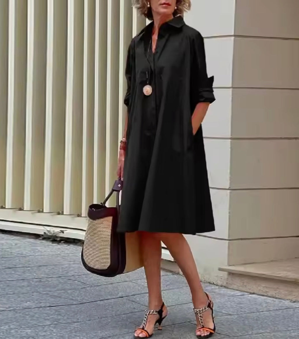Women's Collared Midi Dress – Flared Button Front Dress