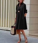 Women's Collared Midi Dress – Flared Button Front Dress