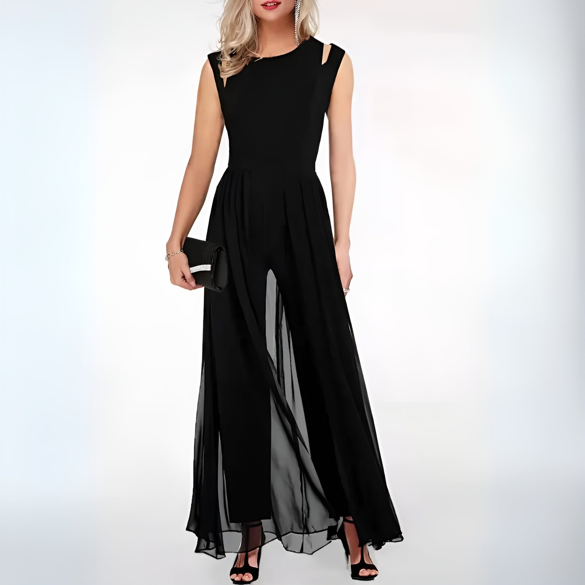 Women's Sleeveless Wide Leg Jumpsuit – Statement Shoulder Formal Jumpsuit