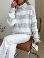 Women's Striped Turtleneck Sweater – High Neck Long Sleeve Pullover