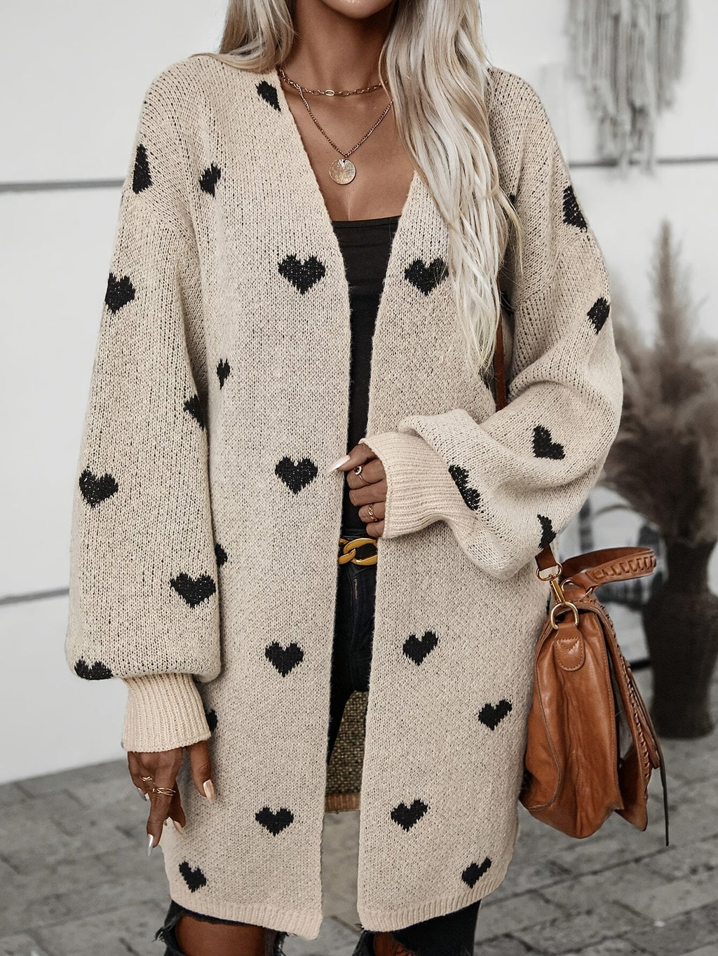 Women's Heart Print Cardigan – V-Neck Button Front Patterned Cardigan