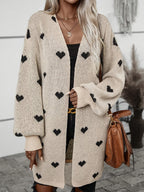Women's Heart Print Cardigan – V-Neck Button Front Patterned Cardigan