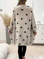 Women's Heart Print Cardigan – V-Neck Button Front Patterned Cardigan