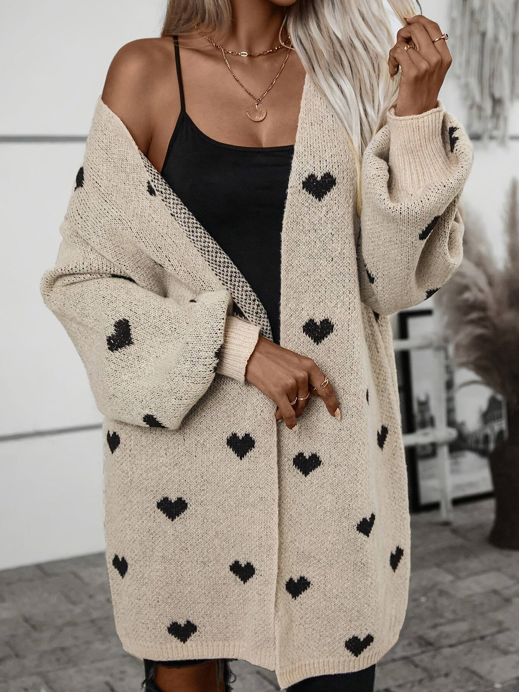 Women's Heart Print Cardigan – V-Neck Button Front Patterned Cardigan