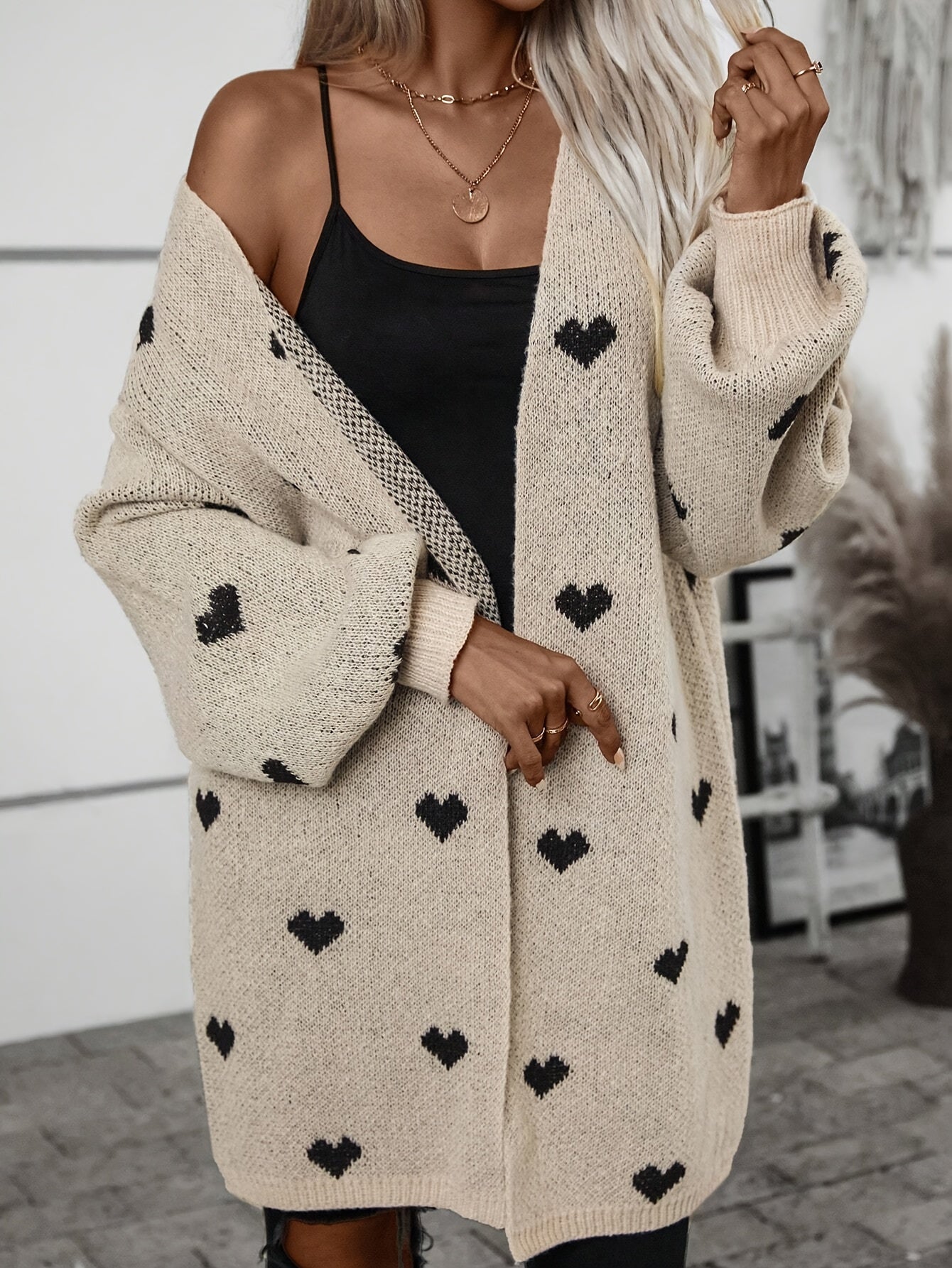 Women's Heart Print Cardigan – V-Neck Button Front Patterned Cardigan