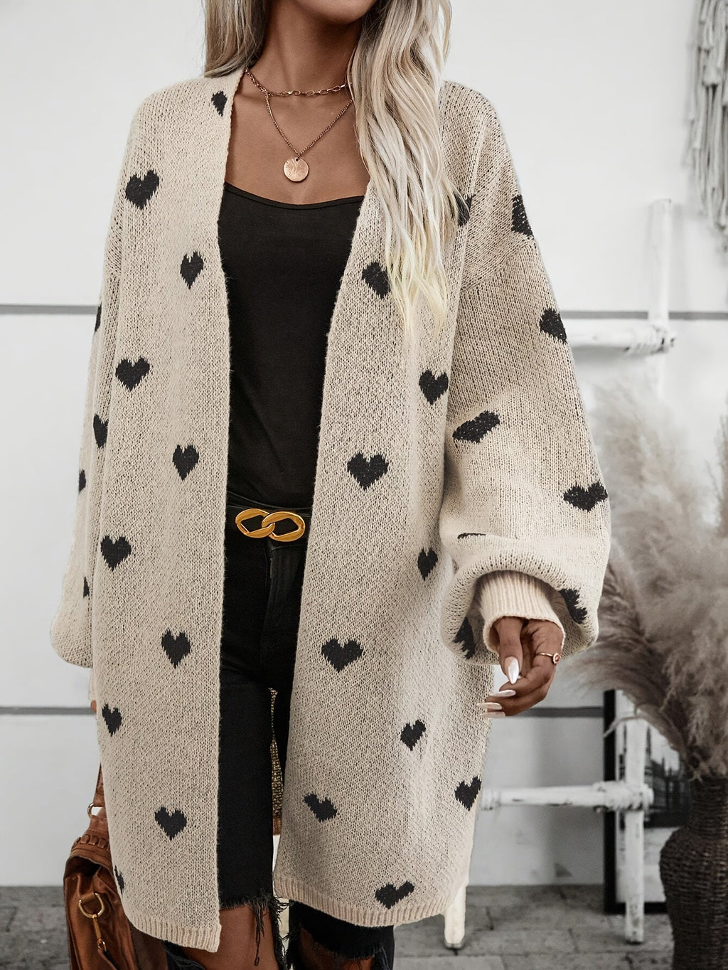 Women's Heart Print Cardigan – V-Neck Button Front Patterned Cardigan