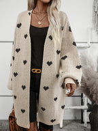 Women's Heart Print Cardigan – V-Neck Button Front Patterned Cardigan