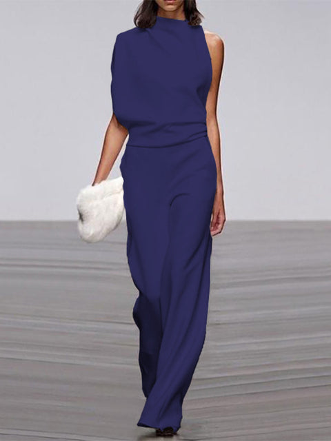 Women's Sleeveless Wide Leg Jumpsuit – Round Neck Flowy Jumpsuit
