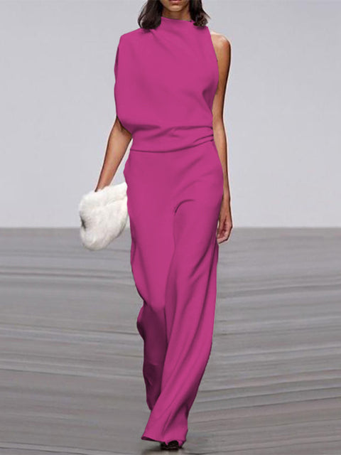 Women's Sleeveless Wide Leg Jumpsuit – Round Neck Flowy Jumpsuit