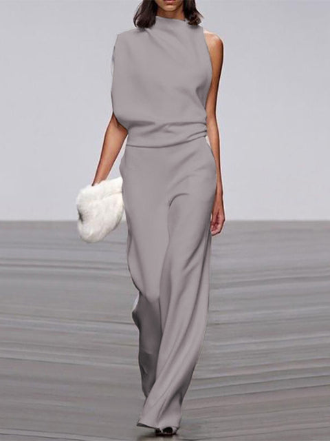 Women's Sleeveless Wide Leg Jumpsuit – Round Neck Flowy Jumpsuit