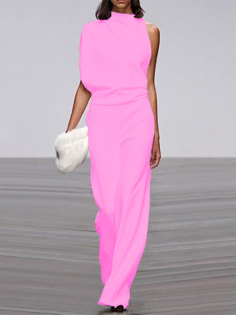 Women's Sleeveless Wide Leg Jumpsuit – Round Neck Flowy Jumpsuit