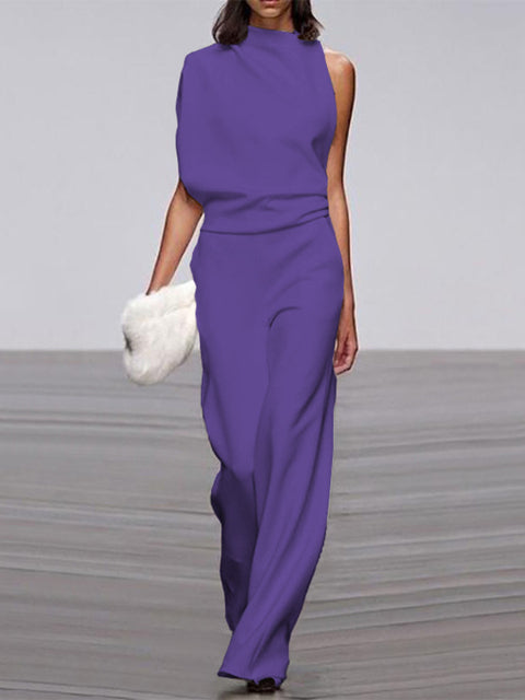Women's Sleeveless Wide Leg Jumpsuit – Round Neck Flowy Jumpsuit