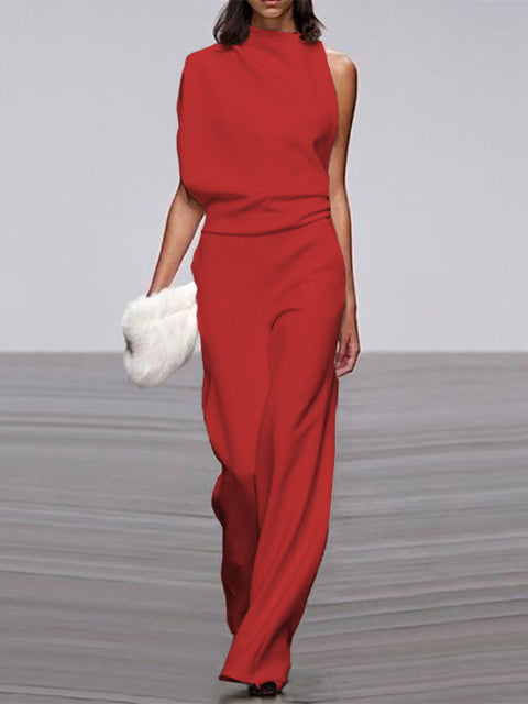 Women's Sleeveless Wide Leg Jumpsuit – Round Neck Flowy Jumpsuit