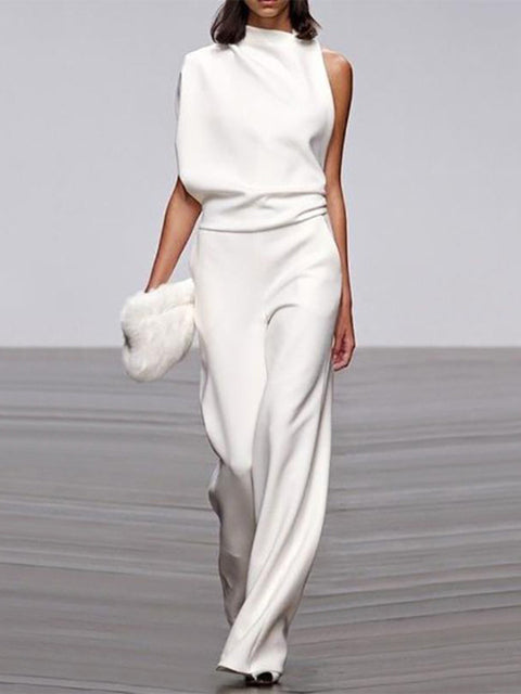 Women's Sleeveless Wide Leg Jumpsuit – Round Neck Flowy Jumpsuit