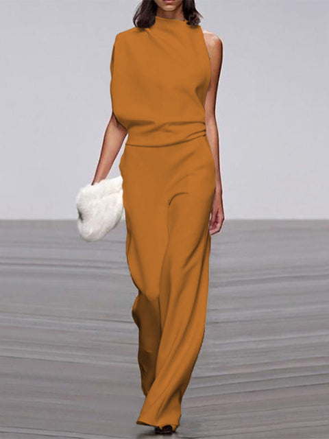 Women's Sleeveless Wide Leg Jumpsuit – Round Neck Flowy Jumpsuit