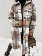 Women's Plaid Long Coat – Relaxed Button Front Winter Coat
