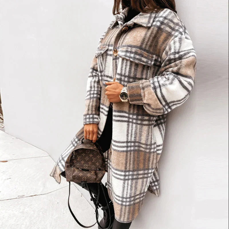 Women's Plaid Long Coat – Relaxed Button Front Winter Coat