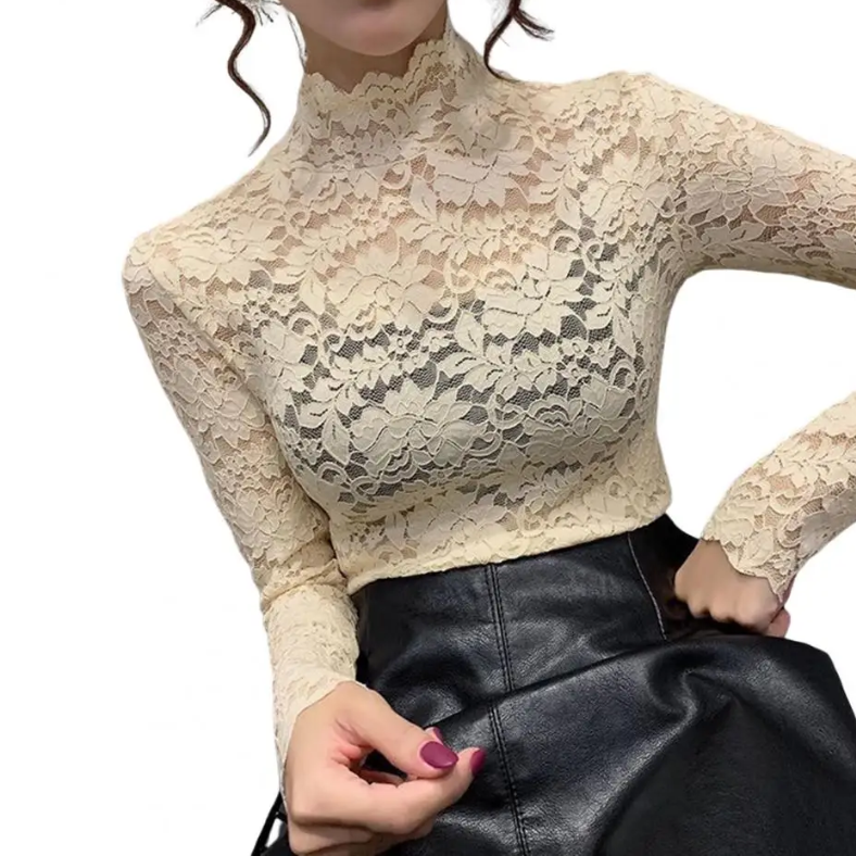 Women's Floral Lace Turtleneck Top – Fitted Long Sleeve Lace Top