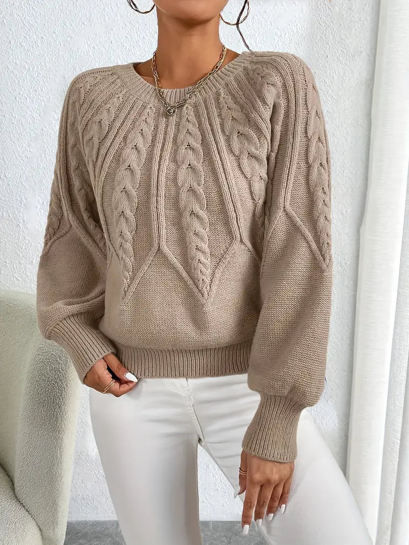 Women's Puff Sleeve Cable Sweater – Crew Neck Knit Jumper