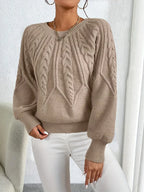 Women's Puff Sleeve Cable Sweater – Crew Neck Knit Jumper