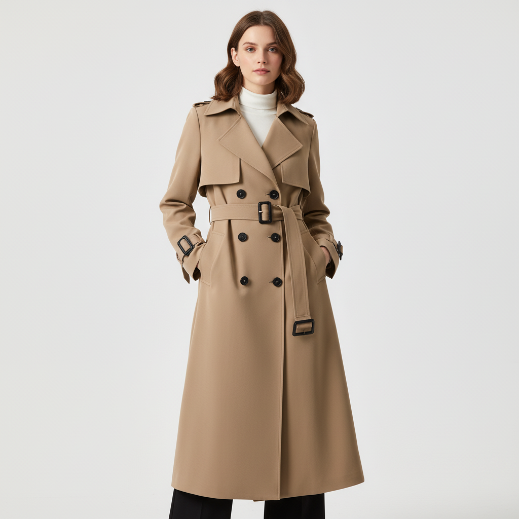 Women's Belted Trench Coat – Double-Breasted Longline Coat