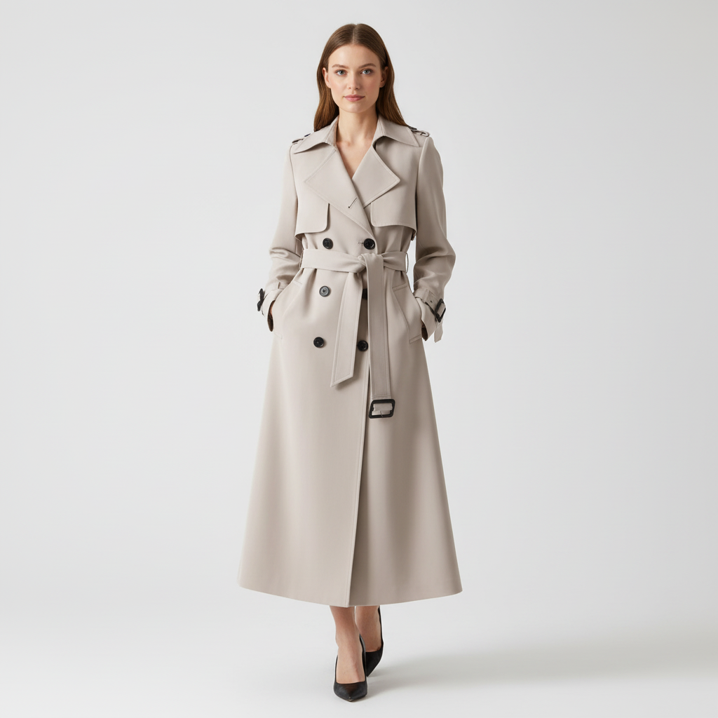 Women's Belted Trench Coat – Double-Breasted Longline Coat