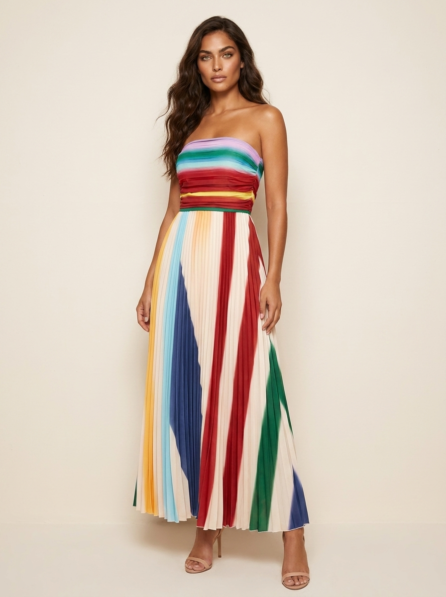 Women's Strapless Pleated Maxi Dress – Striped Flowy Occasion Dress