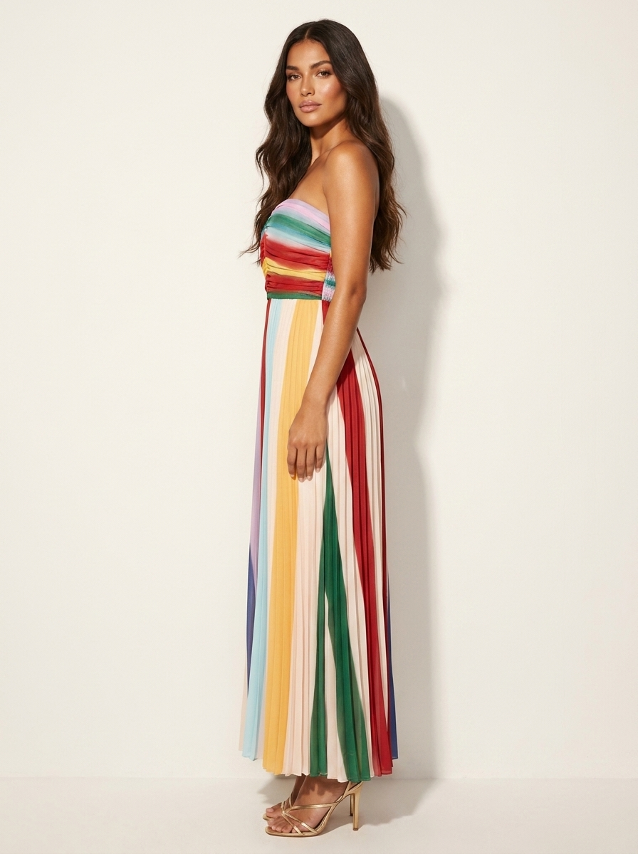 Women's Strapless Pleated Maxi Dress – Striped Flowy Occasion Dress