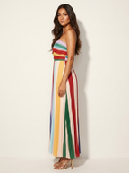 Women's Strapless Pleated Maxi Dress – Striped Flowy Occasion Dress