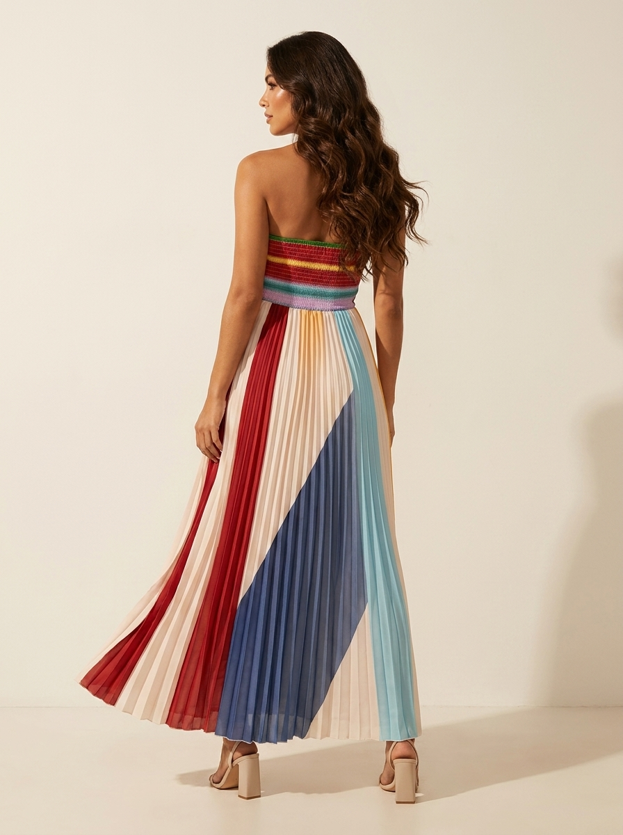 Women's Strapless Pleated Maxi Dress – Striped Flowy Occasion Dress