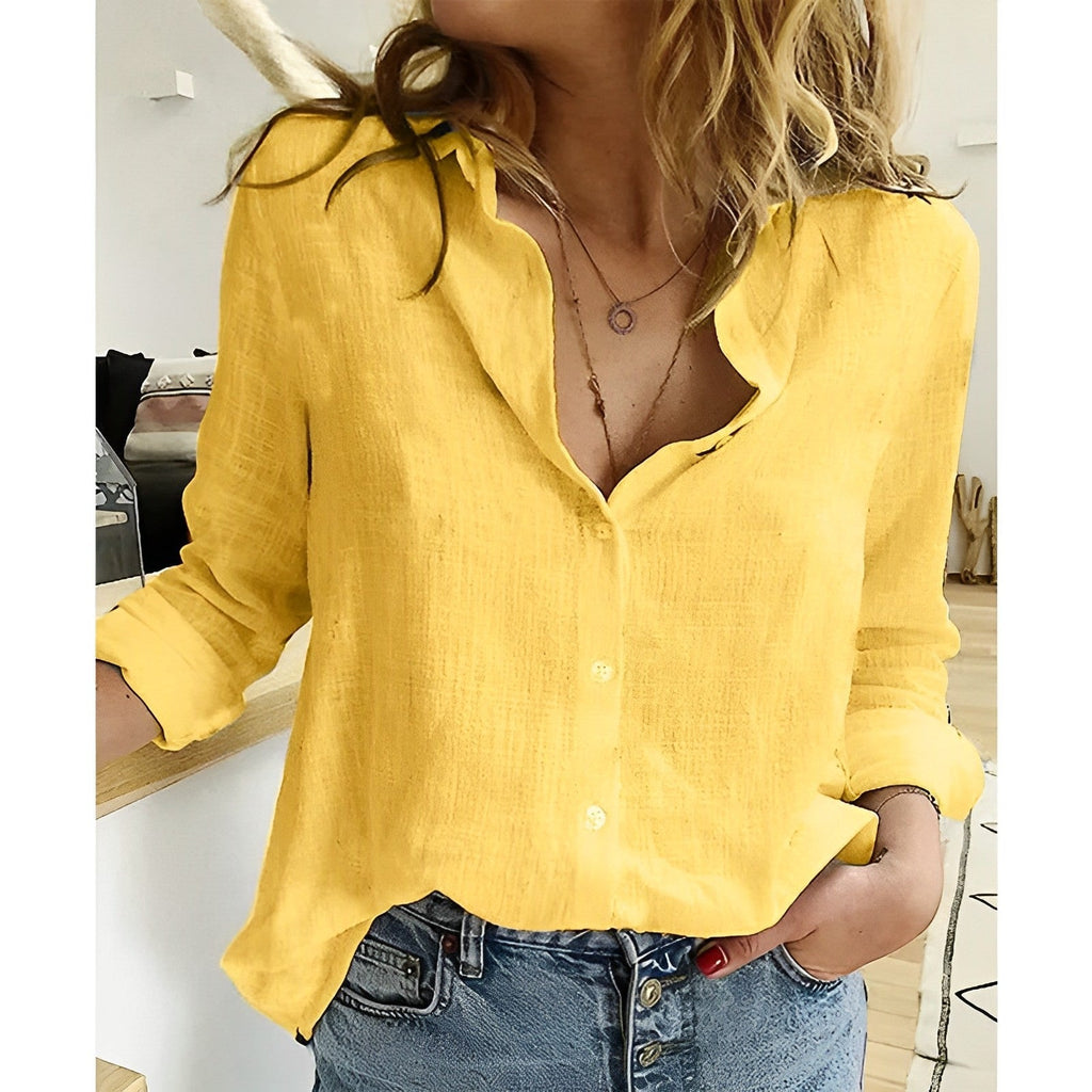 Women's Button Down Blouse with Curved Hem and Dropped Shoulders