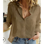 Women's Button Down Blouse with Curved Hem and Dropped Shoulders