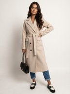 Women's Longline Overcoat – Double-Breasted Lapel Dress Coat