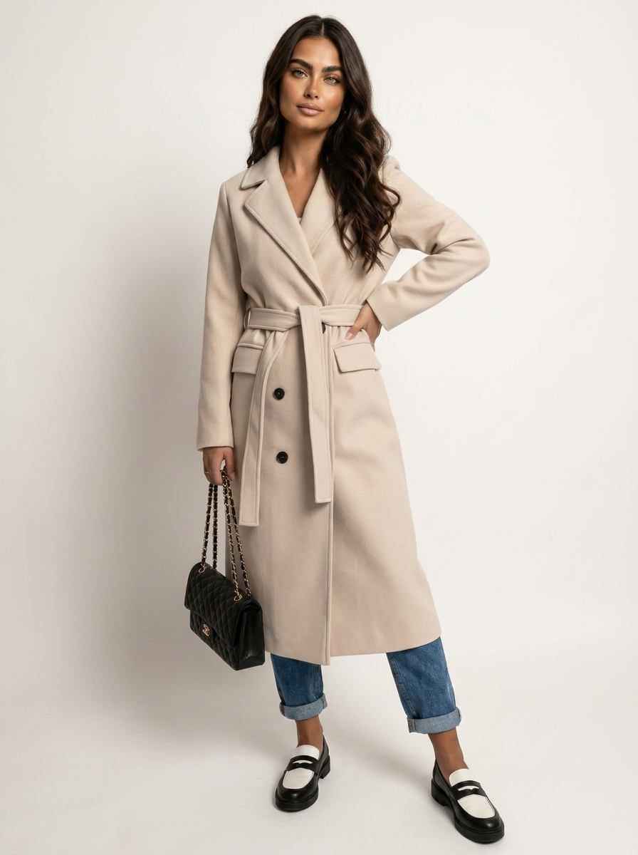 Women's Longline Overcoat – Double-Breasted Lapel Dress Coat