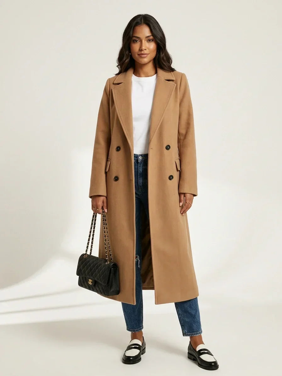 Women's Longline Overcoat – Double-Breasted Lapel Dress Coat