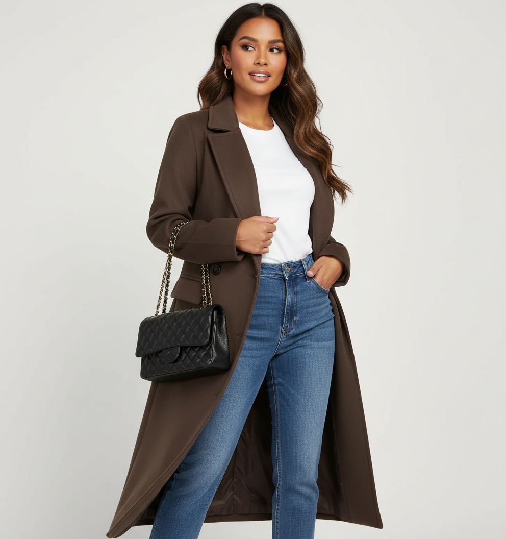 Women's Longline Overcoat – Double-Breasted Lapel Dress Coat