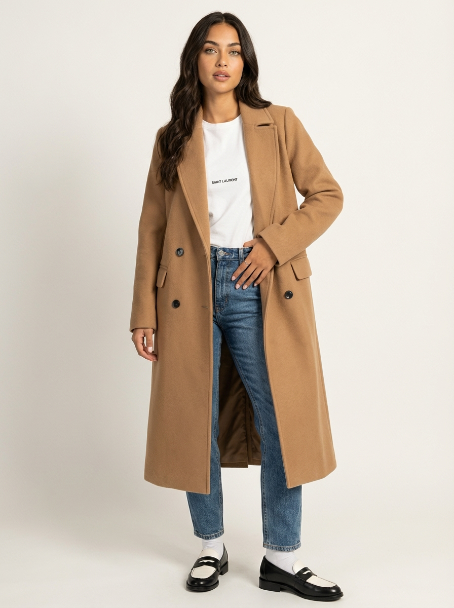 Women's Longline Overcoat – Double-Breasted Lapel Dress Coat