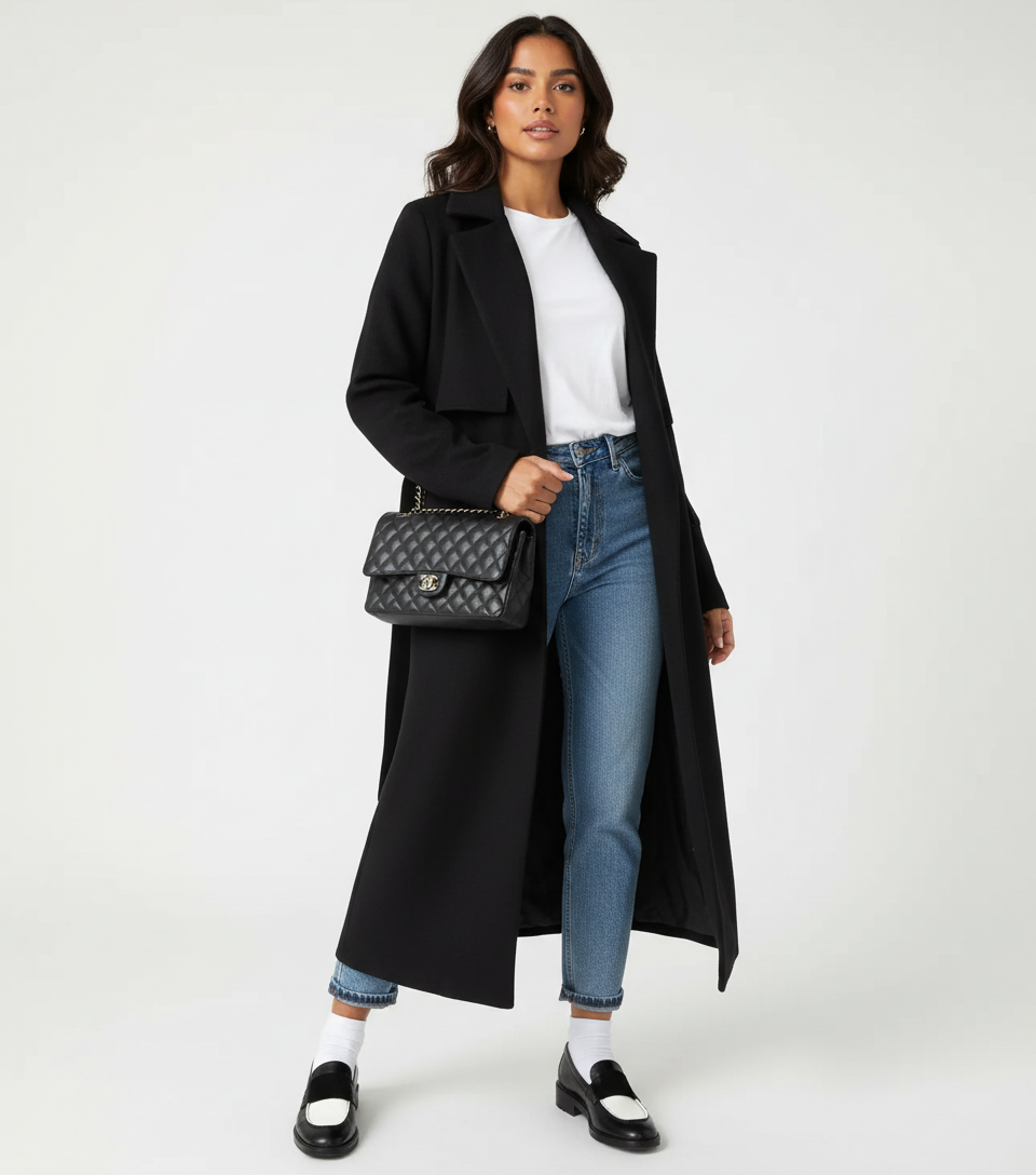 Women's Longline Overcoat – Double-Breasted Lapel Dress Coat
