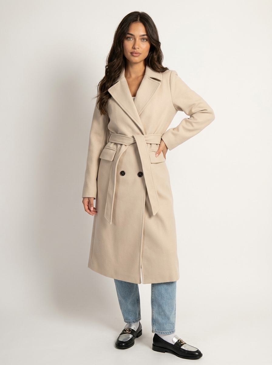 Women's Longline Overcoat – Double-Breasted Lapel Dress Coat