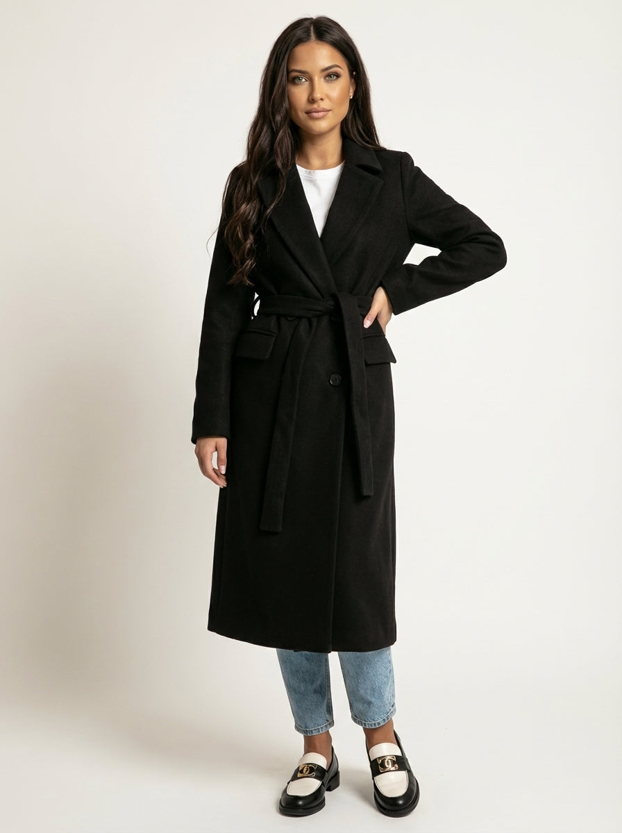 Women's Longline Overcoat – Double-Breasted Lapel Dress Coat