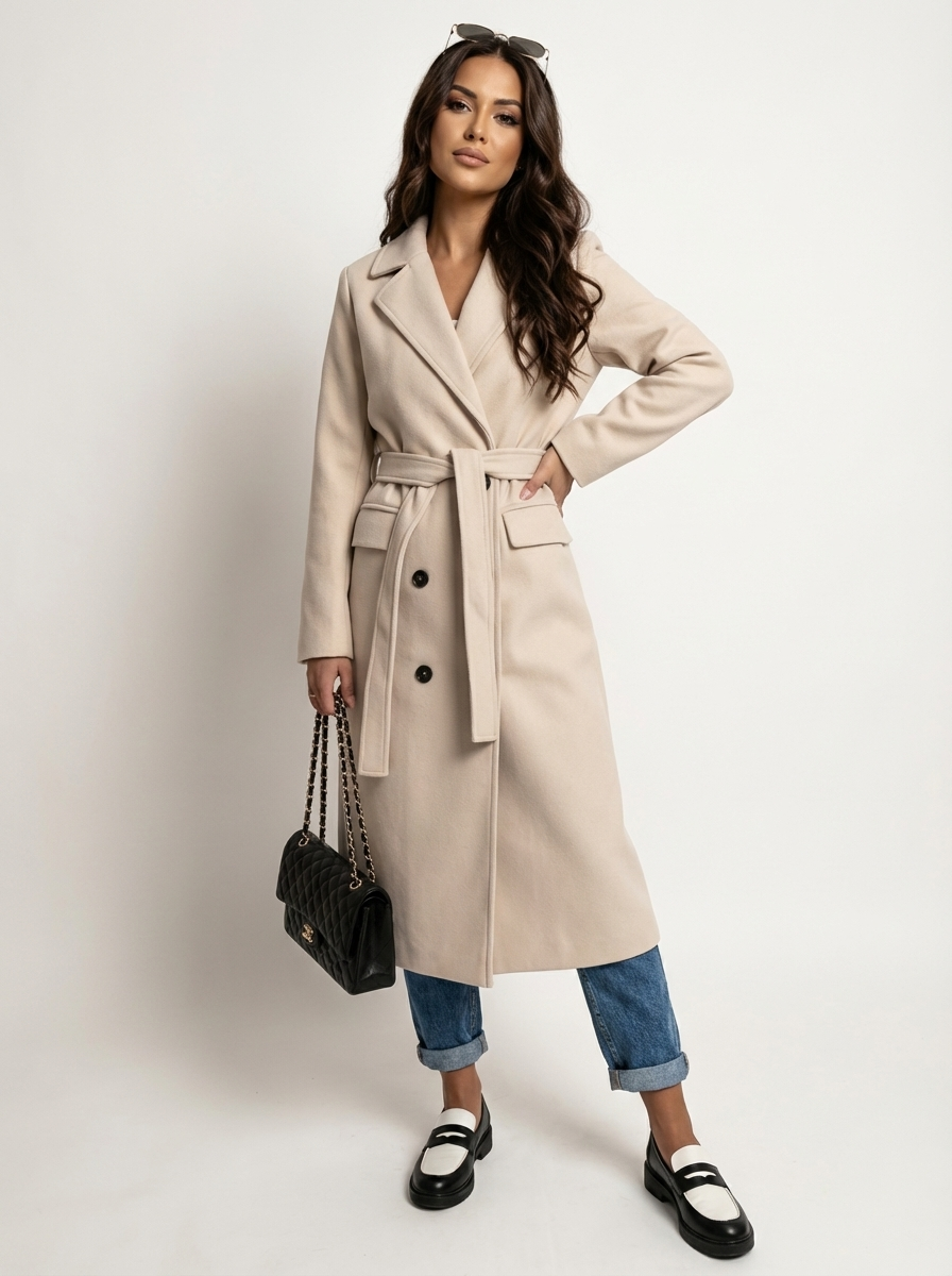 Women's Longline Overcoat – Double-Breasted Lapel Dress Coat