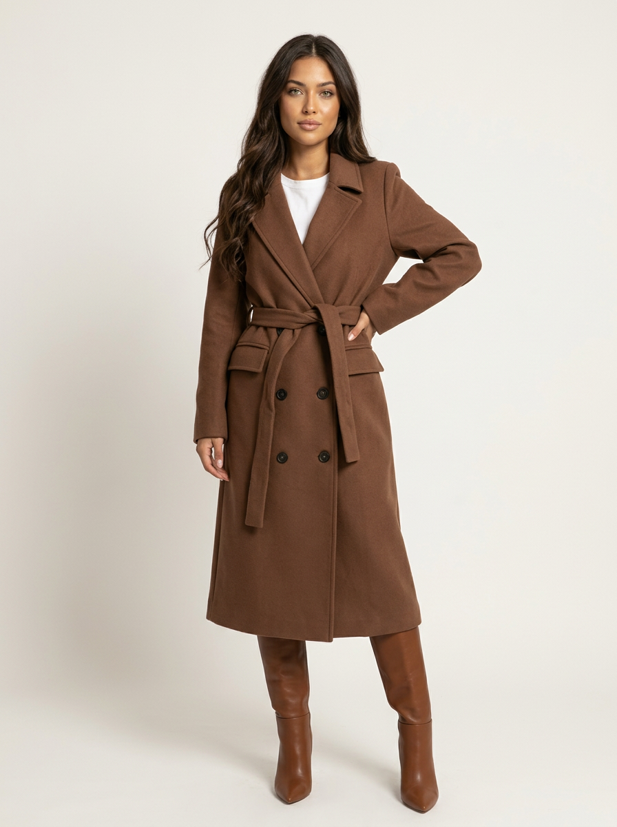 Women's Longline Overcoat – Double-Breasted Lapel Dress Coat