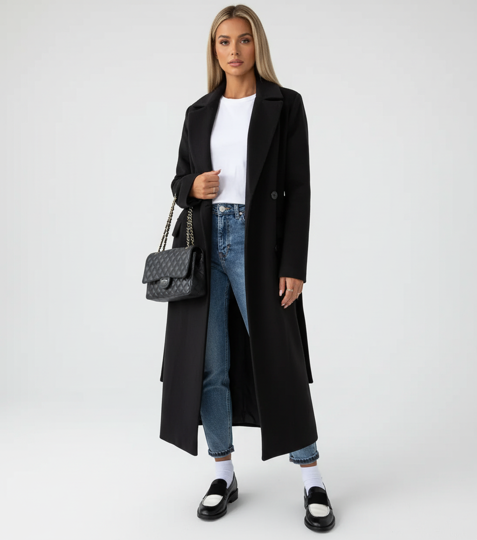 Women's Longline Overcoat – Double-Breasted Lapel Dress Coat