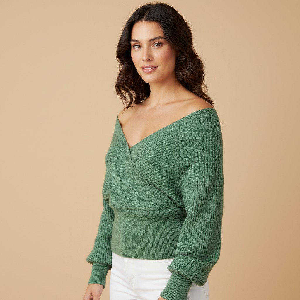 Women's Off-Shoulder Knit Sweater – Relaxed Long Sleeve Ribbed Pullover