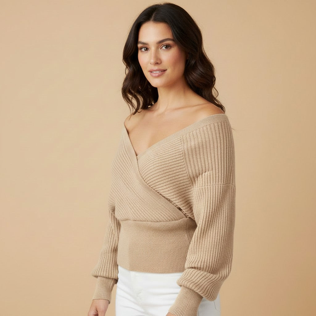Women's Off-Shoulder Knit Sweater – Relaxed Long Sleeve Ribbed Pullover