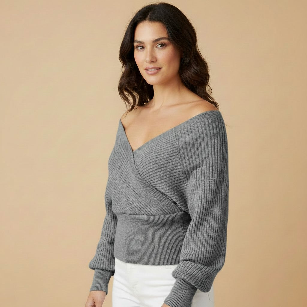 Women's Off-Shoulder Knit Sweater – Relaxed Long Sleeve Ribbed Pullover