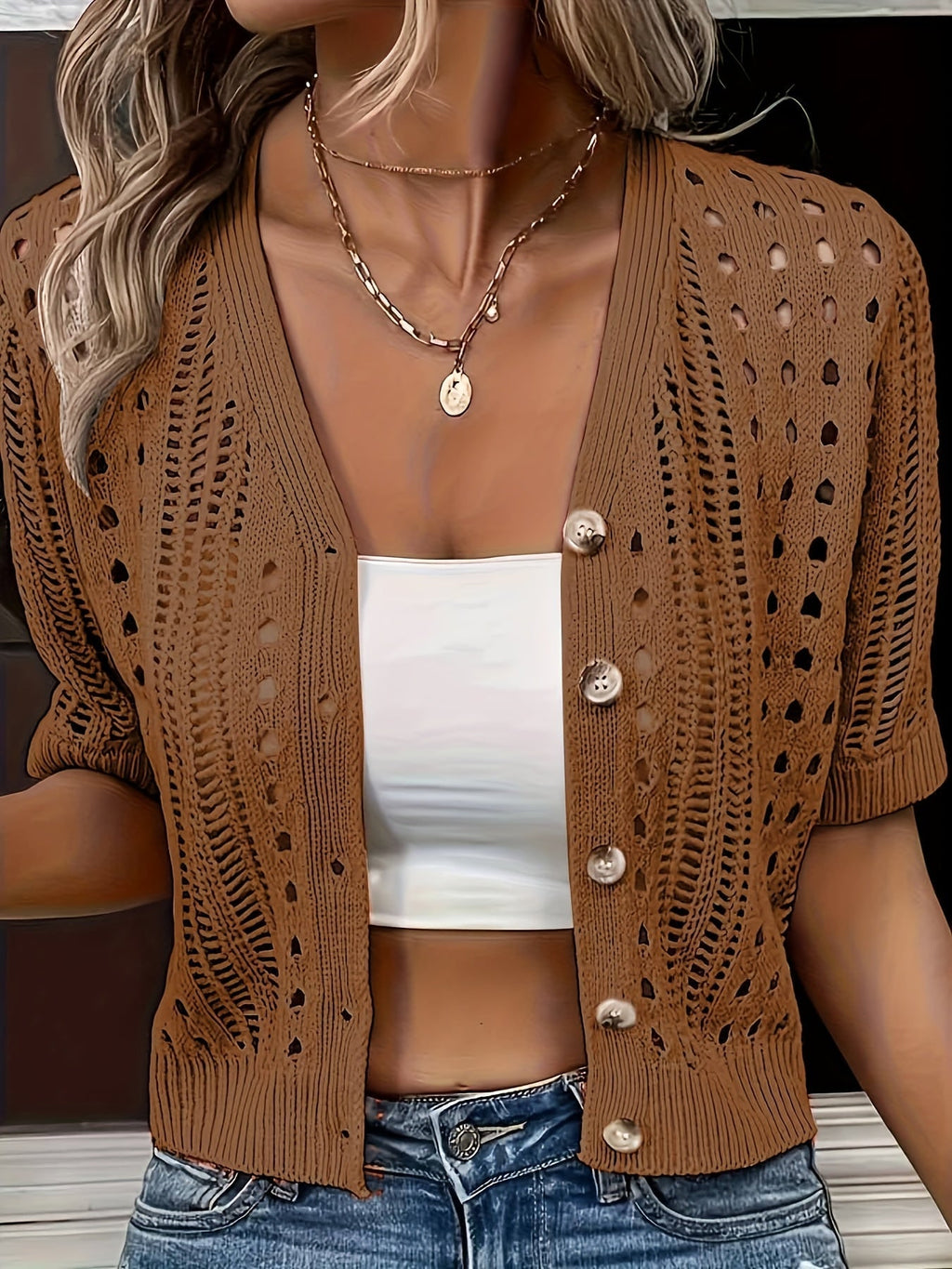 Women's Open Knit Cardigan – Short Sleeve Button Front Cardigan