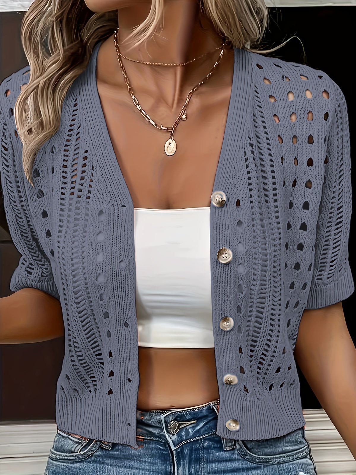 Women's Open Knit Cardigan – Short Sleeve Button Front Cardigan