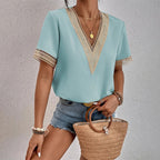 Women's Lace V-Neck Blouse – Split Lace Detail Long Sleeve Blouse