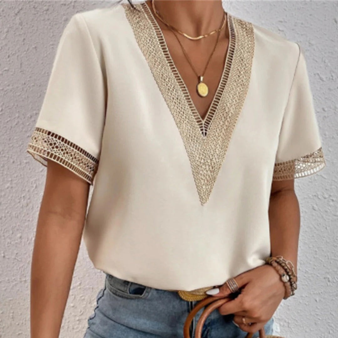 Women's Lace V-Neck Blouse – Split Lace Detail Long Sleeve Blouse